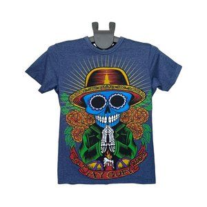 Sugar Skull Printed Cotton T-Shirt | Small | Blue